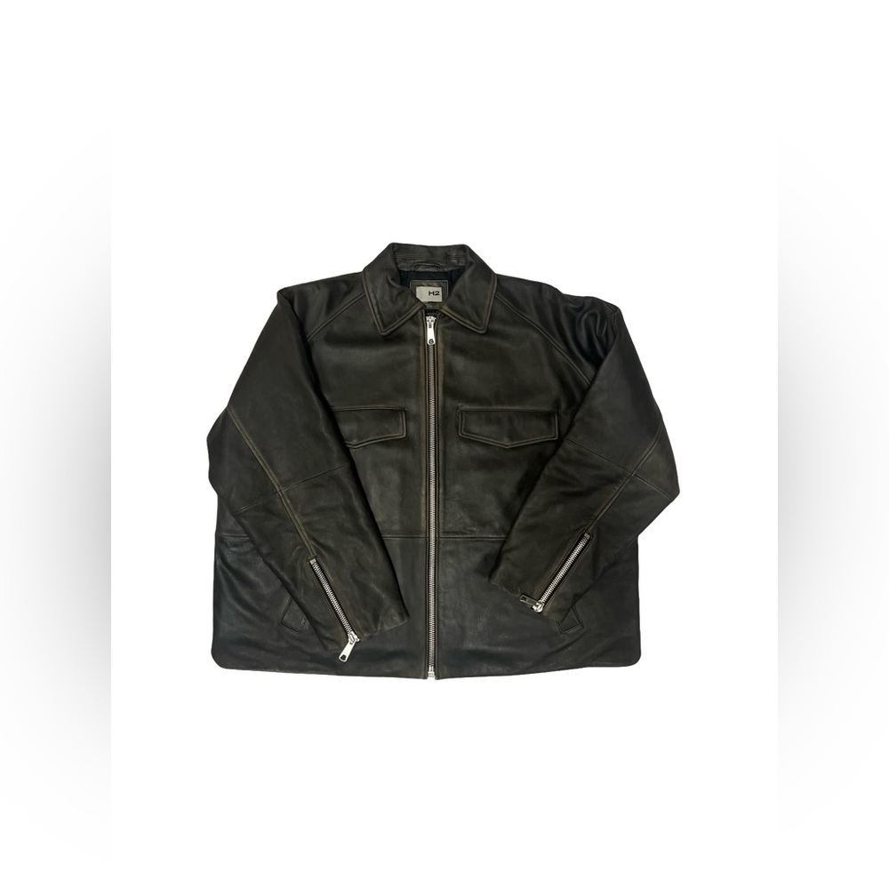 HTF H2 X Heron Preston Leather Jacket Distressed Coffee Sz M Biker Trucker Boxy